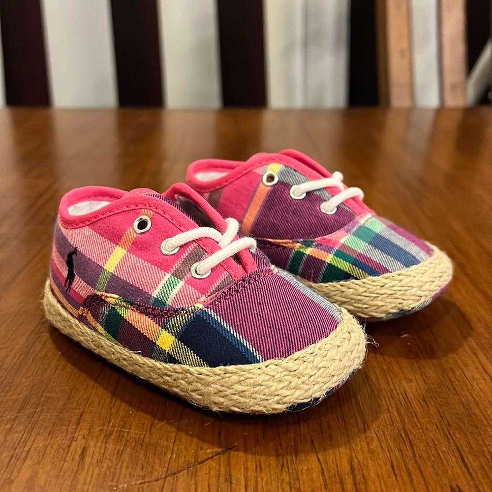 Polo Ralph Lauren Pink Plaid Bowman Lace Crib shoes sneakers Infant Baby Size 3